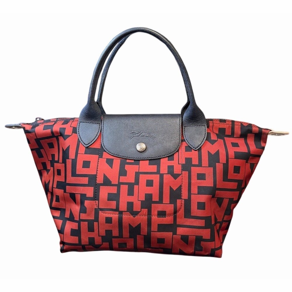 Longchamp Le Pliage LGP Tote Bag Womens Red Black All-Over Logo Top Zip